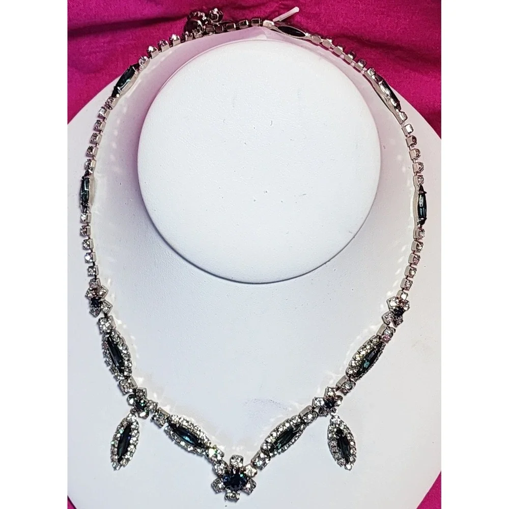 Vtg Kramer of New York Blue Rhinestone Choker Necklace Silver Tone MCM Retro